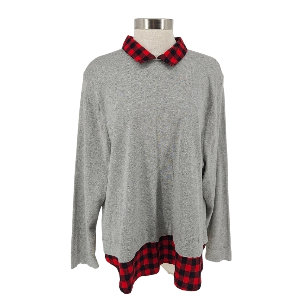 J.CREW Woven Collar Sweater Gray Buffalo Plaid Long Sleeve Knit Pullover 3X